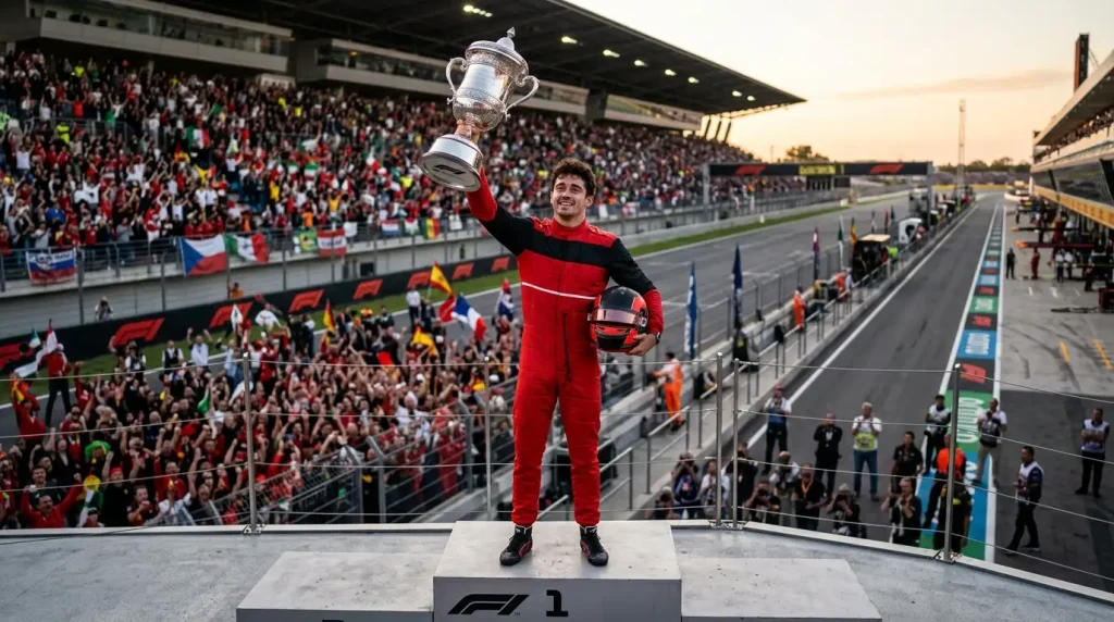 Piloto de Fórmula 1 alzando el trofeo de campeón del mundo al término de la temporada