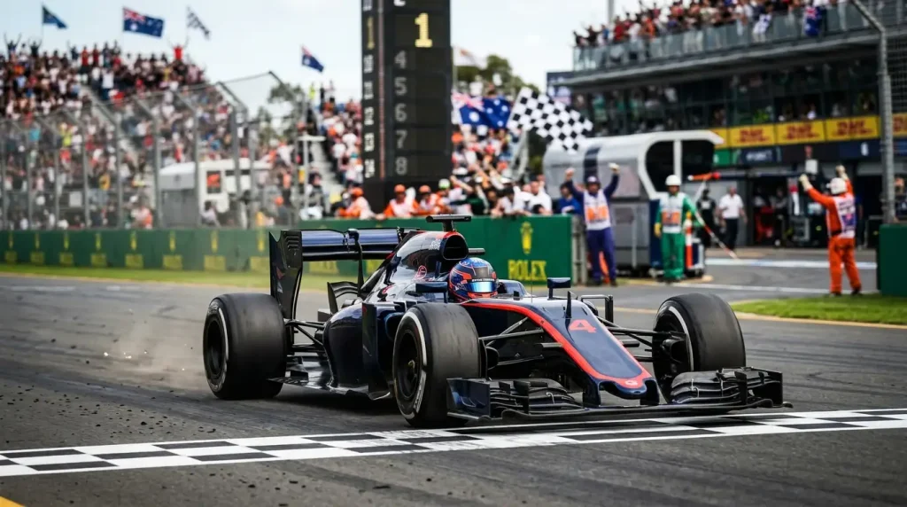 Monoplaza de Fórmula 1 cruzando la línea de meta en primera posición durante un Gran Premio
