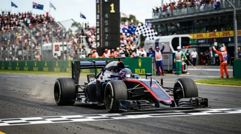 Monoplaza de Fórmula 1 cruzando la línea de meta en primera posición durante un Gran Premio