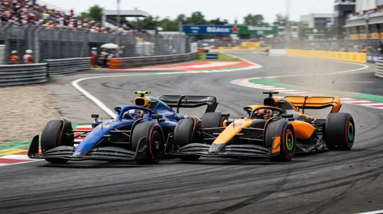 Dos monoplazas de Fórmula 1 rodando muy próximos en un duelo directo durante un Gran Premio
