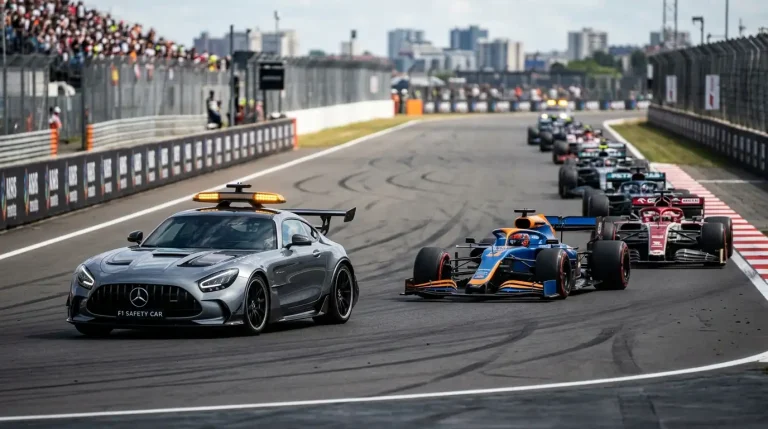 Coche de seguridad de Fórmula 1 liderando al pelotón de monoplazas durante una neutralización de carrera