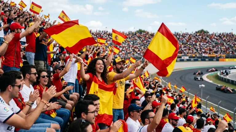 Aficionados españoles animando con banderas en la grada de un Gran Premio de Fórmula 1