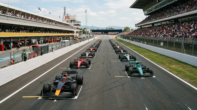 Parrilla de salida de una carrera al sprint de Fórmula 1 con los monoplazas alineados