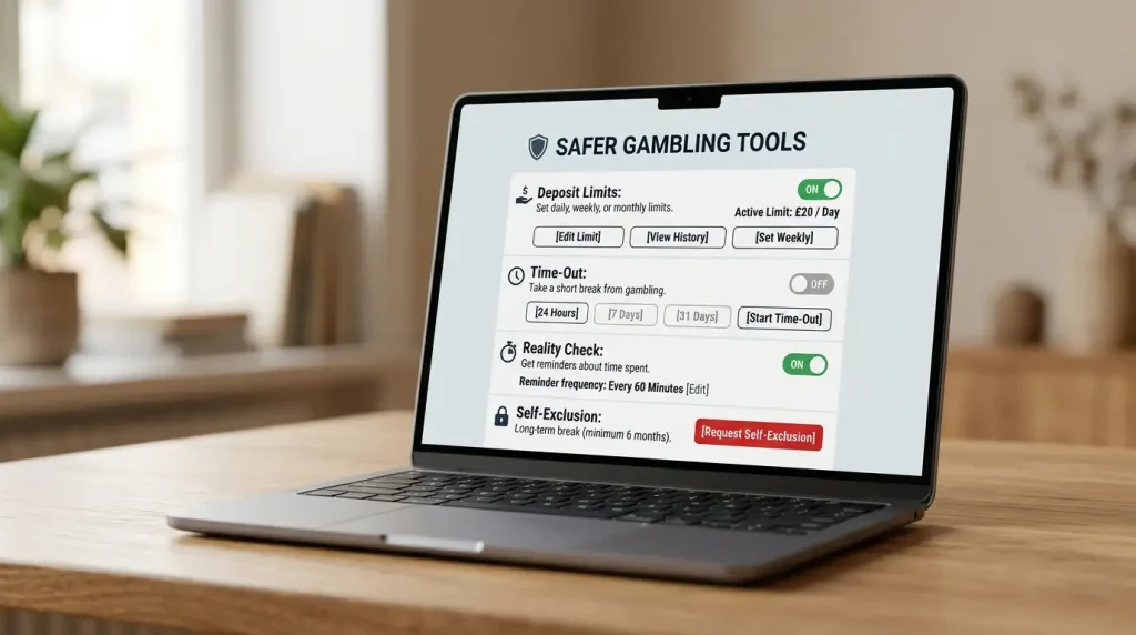 Pantalla de configuración de herramientas de juego seguro en una cuenta de apuestas