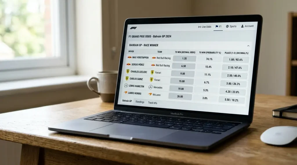 Pantalla con cuotas decimales de un mercado de apuestas de Fórmula 1 y su conversión a porcentaje