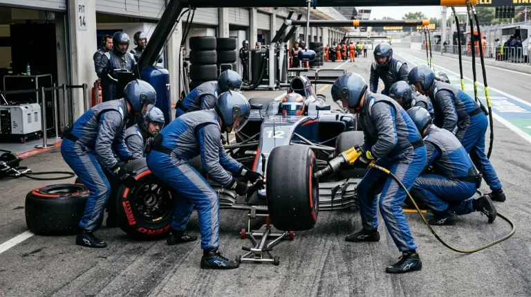 Mecánicos de Fórmula 1 cambiando neumáticos en una parada en boxes durante un Gran Premio
