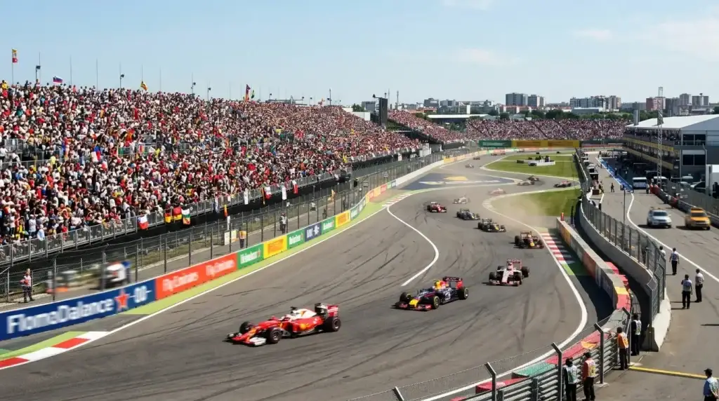 Vista de un Gran Premio de Fórmula 1 con gradas llenas y vallas publicitarias de patrocinadores