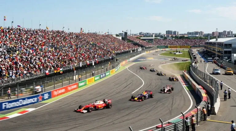 Vista de un Gran Premio de Fórmula 1 con gradas llenas y vallas publicitarias de patrocinadores