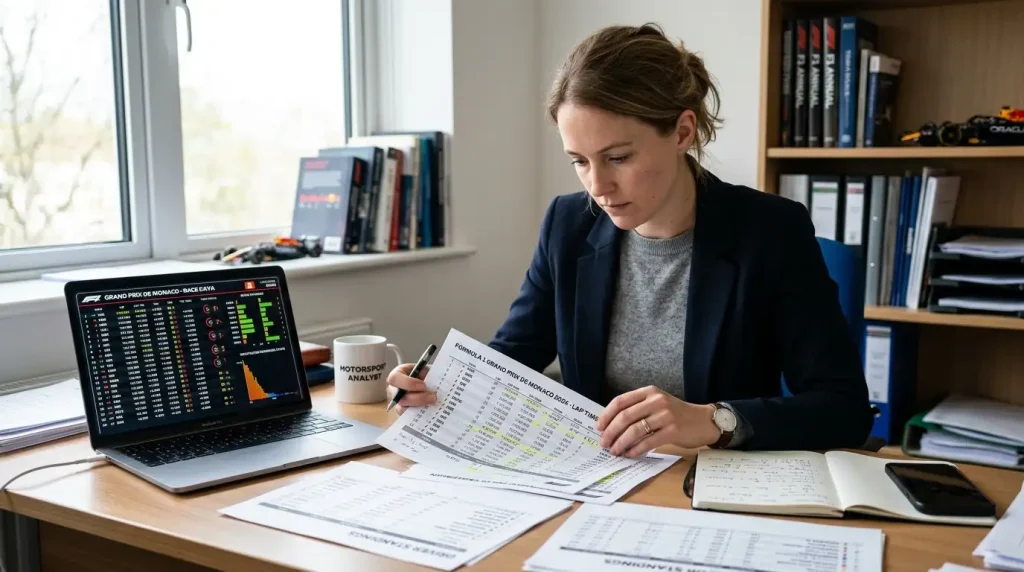 Analista revisando datos y clasificaciones de Fórmula 1 para elaborar un pronóstico