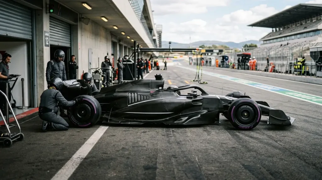 Monoplaza de Fórmula 1 de nueva generación en el pit lane durante una sesión de pretemporada