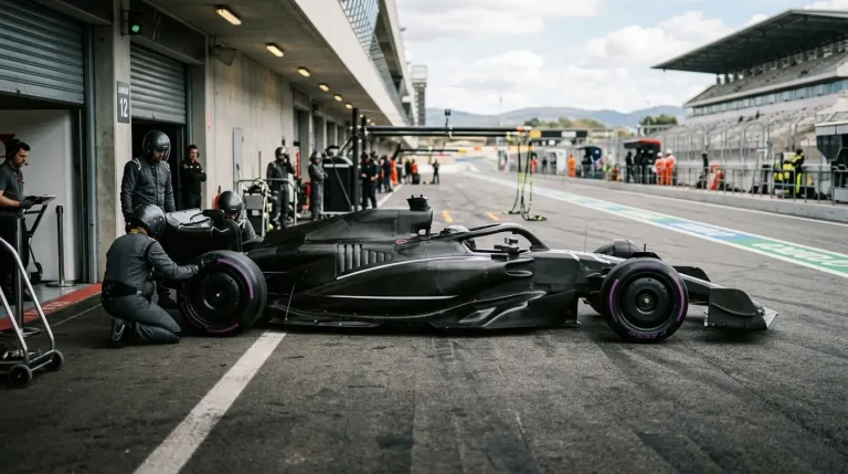 Monoplaza de Fórmula 1 de nueva generación en el pit lane durante una sesión de pretemporada